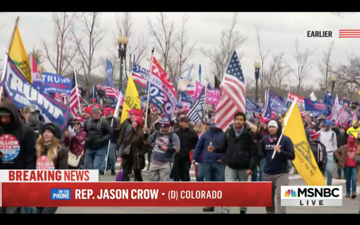 The Gadsden flag among other flags being marched toward the Capitol.