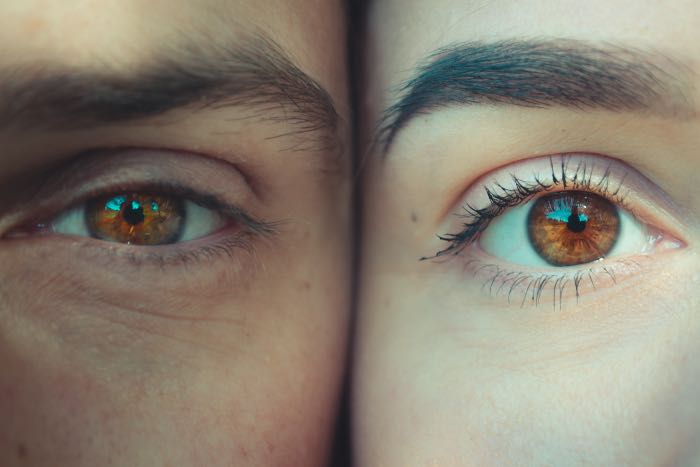 "Incarnate" - a photo of two faces, close up, so we see only their eyes, brows, and cheeks.