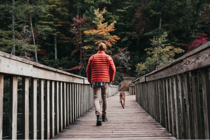 a photo of a man walking across a foot bridge toward the woods, a dog ahead of him.