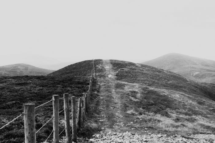 a photo of a hill, with a path up the middle, with a fence on the one side.