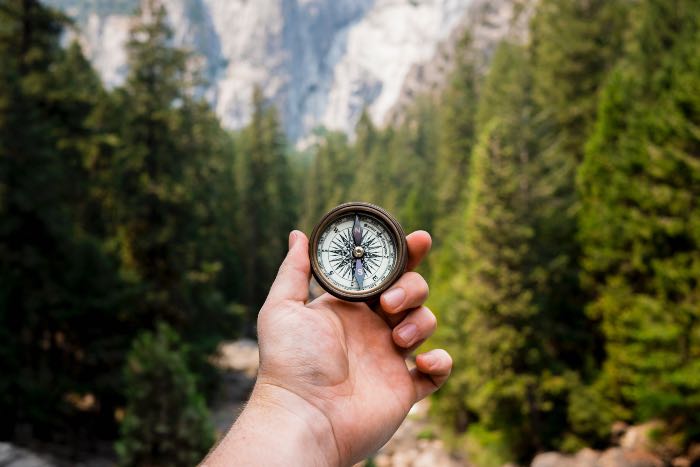 a photo of a hand holding a compass - someone is on a trail in the woods