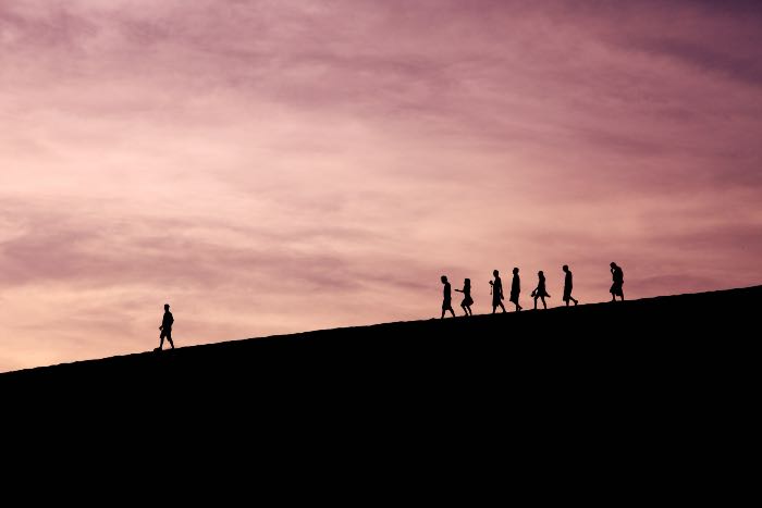 a photo of a group following a person at dusk