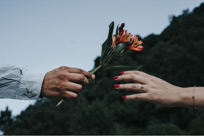 a photo of one hand handing flowers to another