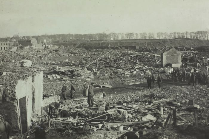 a black and white photo of a city utterly destroyed.