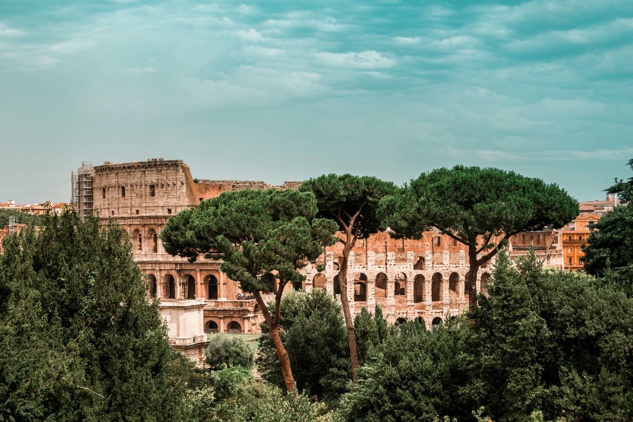 a photo of the Roman Colosseum from a distance, trees growing around it.