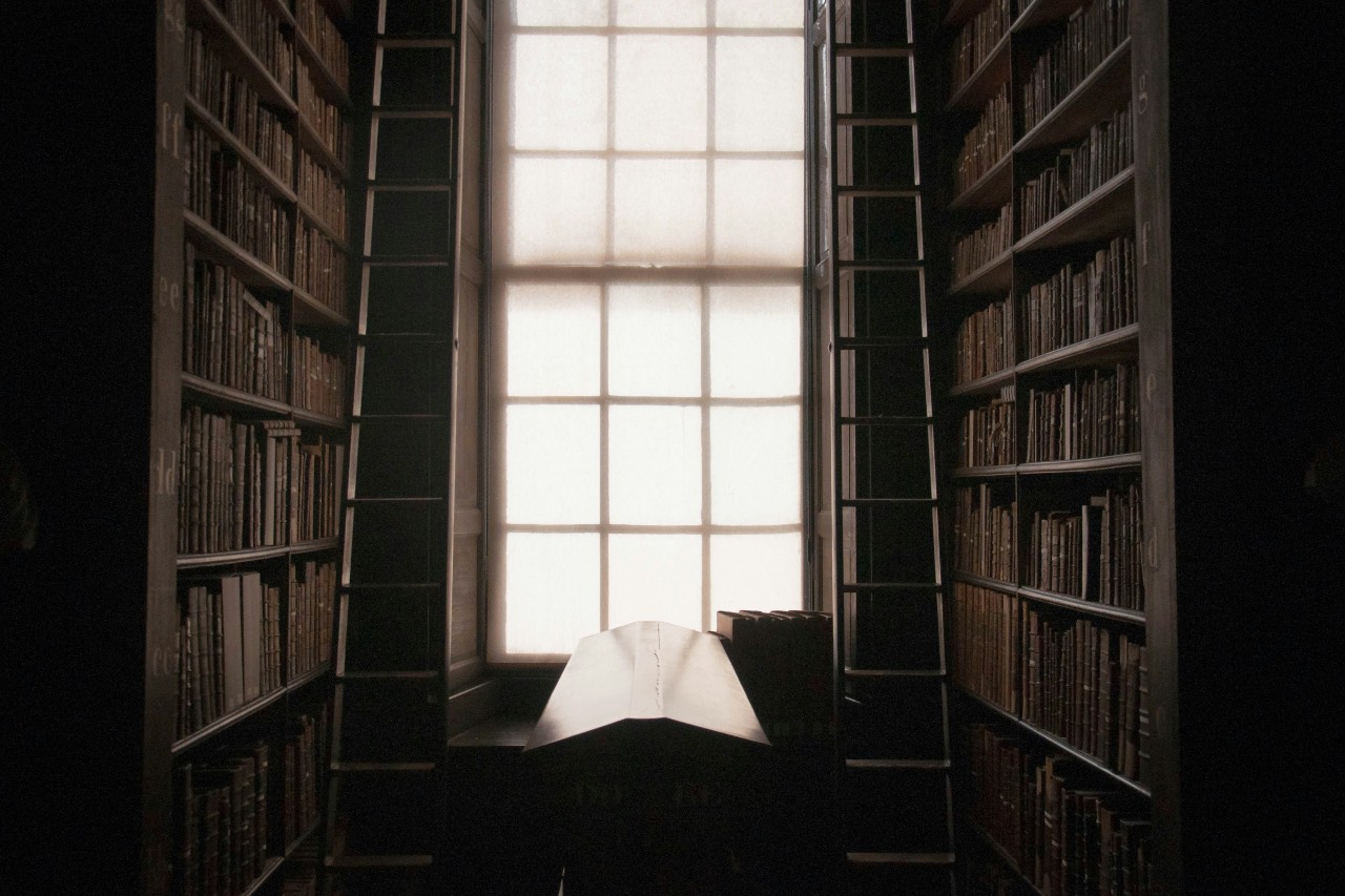 a photo of a bookshelves and a window
