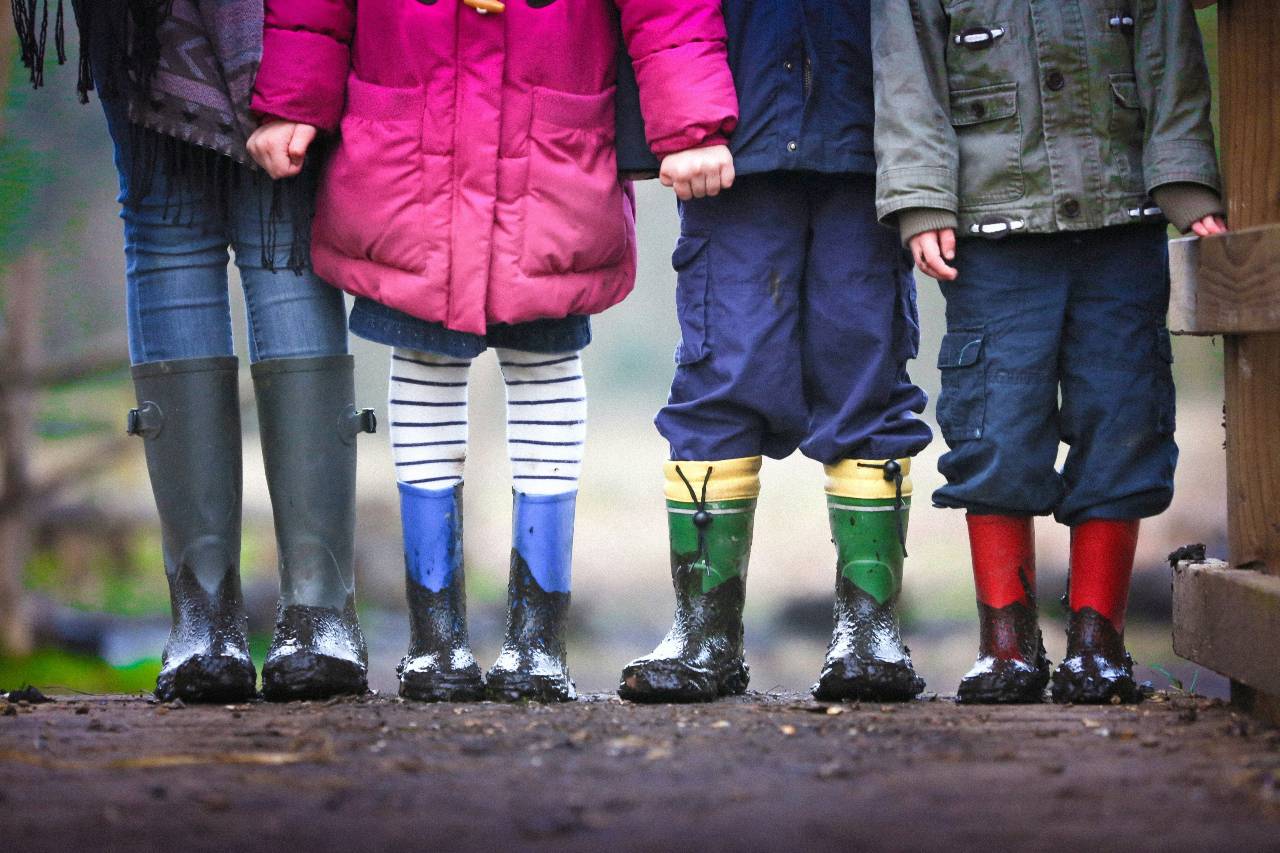 a photo of children's legs in rain boots