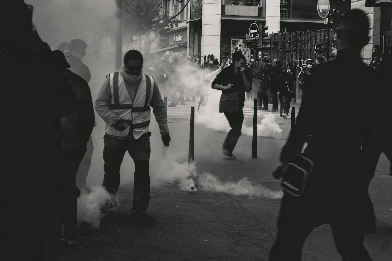 a photo of gas used against protestors in France