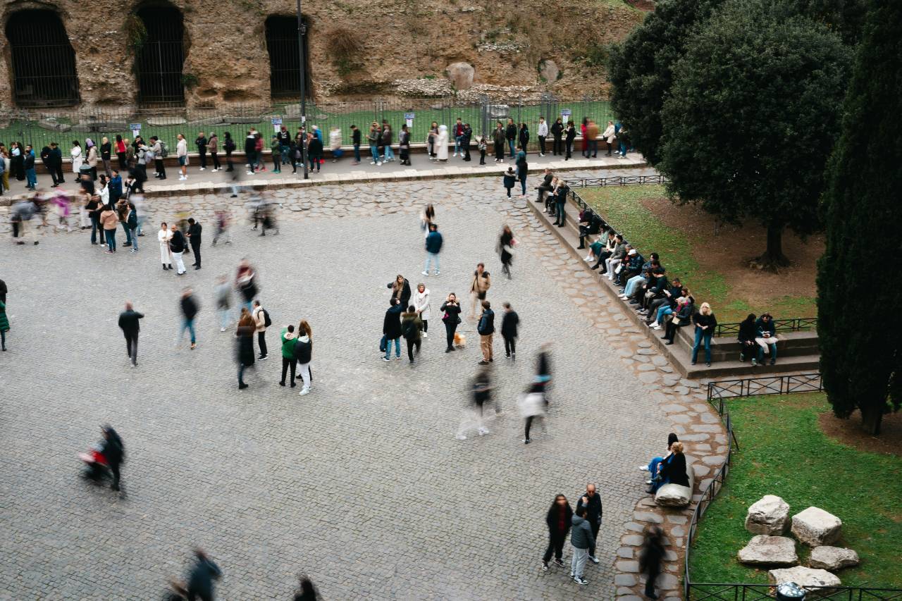 arial photo of people in a courtyard